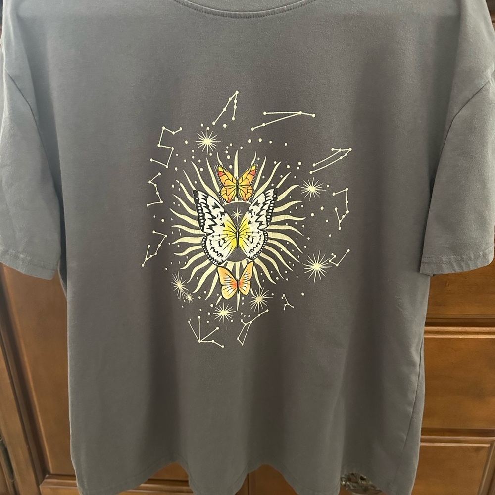 Gray T-Shirt with Butterfly and Constellation Design